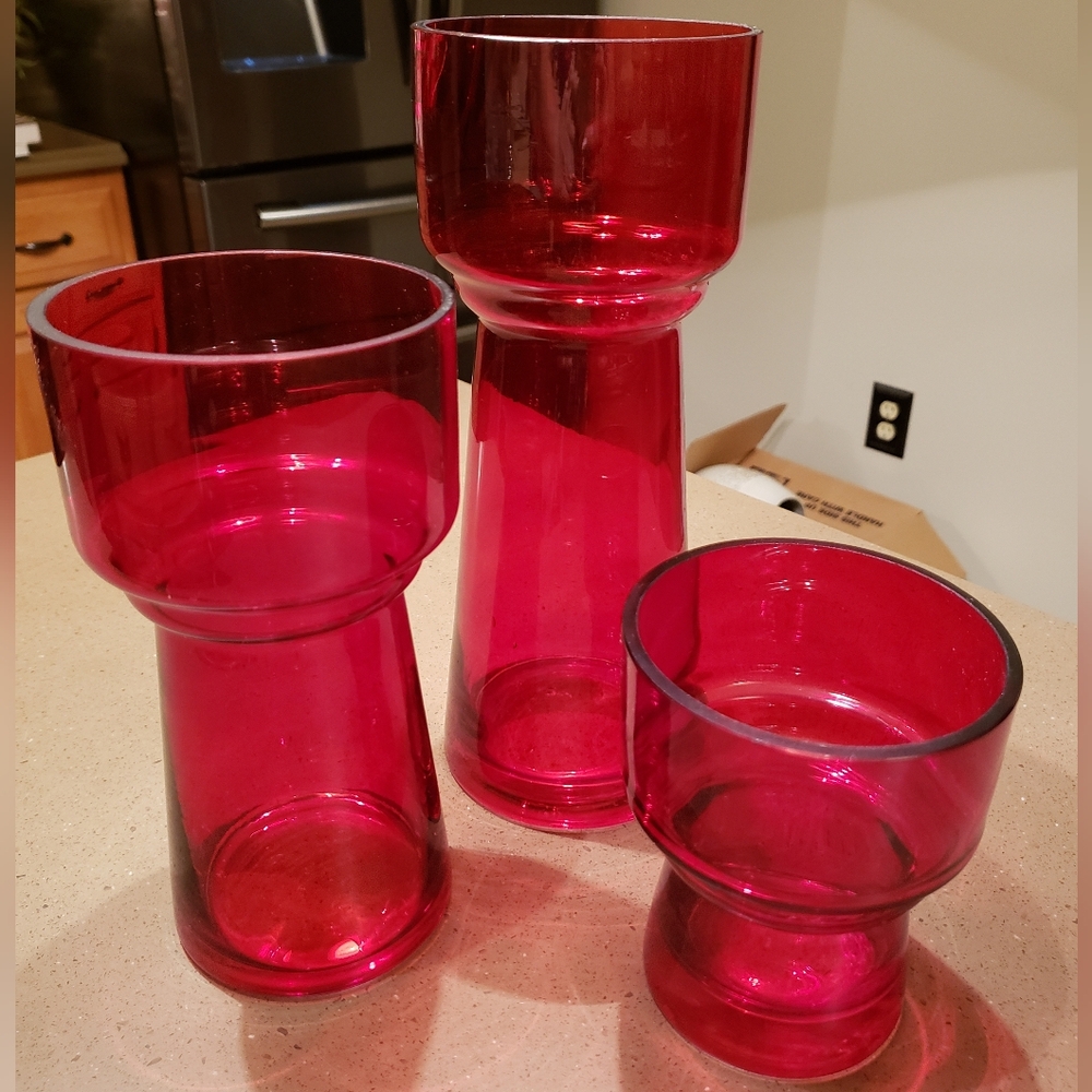 Set Of 3 Red Glass Candleholders